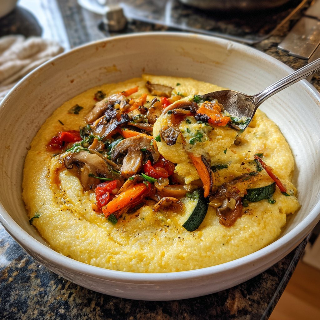 Abendessen mit cremiger Polenta und Gemüse