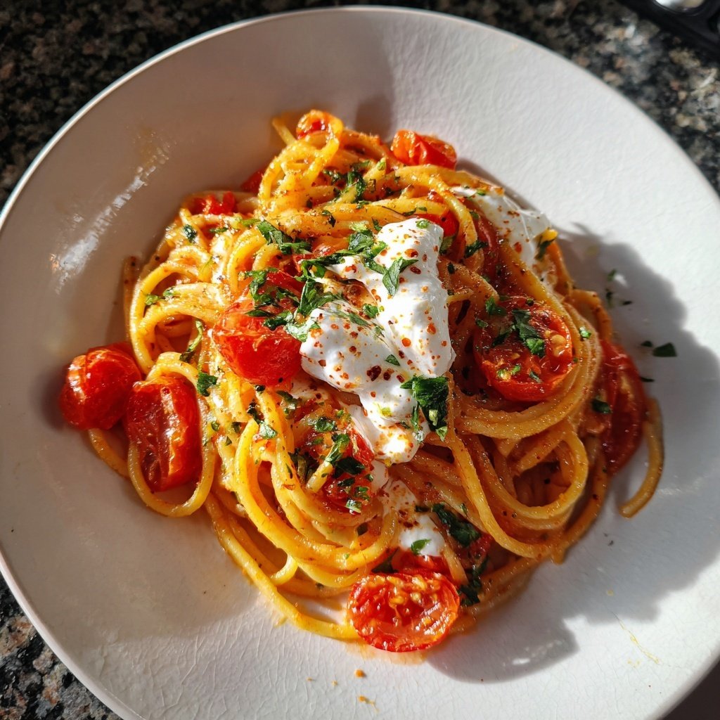 Spaghetti mit Tomaten und Burrata
